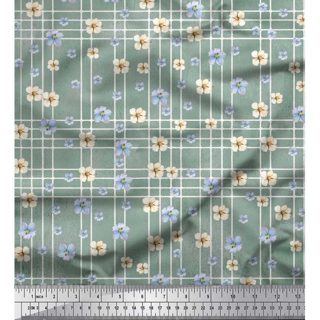 Soimoi Green Velvet Fabric Check & Floral Printed Fabric 1 Yard 58 Inch Wide