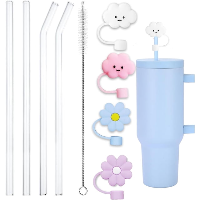 Paquete de Pajitas de Vidrio, Tapas de Silicona para Popote, Cepillos de Limpieza Reutilizables