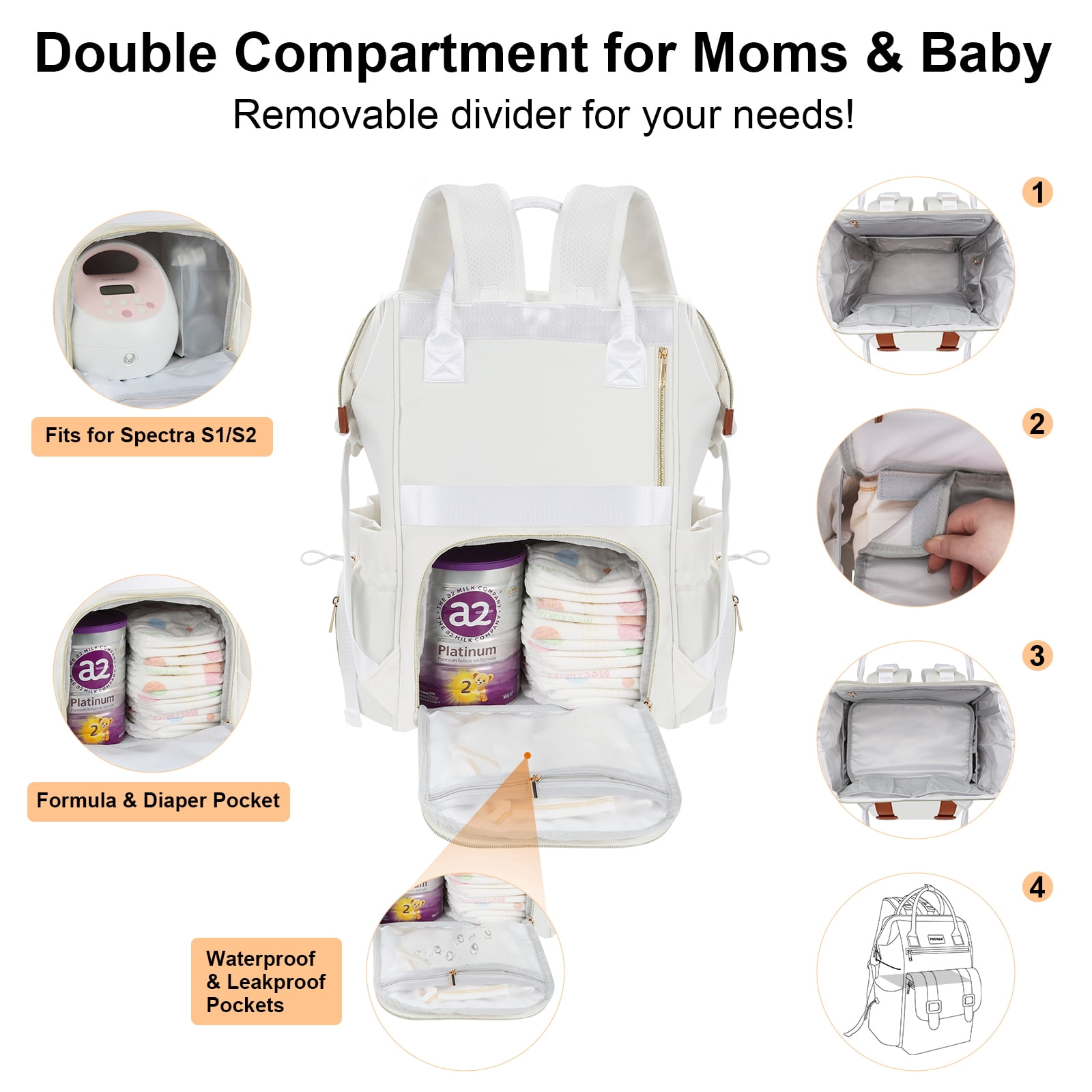 Diaper Bag Backpack with Ice Pack, Large Capacity Waterproof Baby Travel Backpack for Moms & Dads, Insulated Cooler Bag with Changing Pad, Stroller Straps & Pacifier Case, Cream