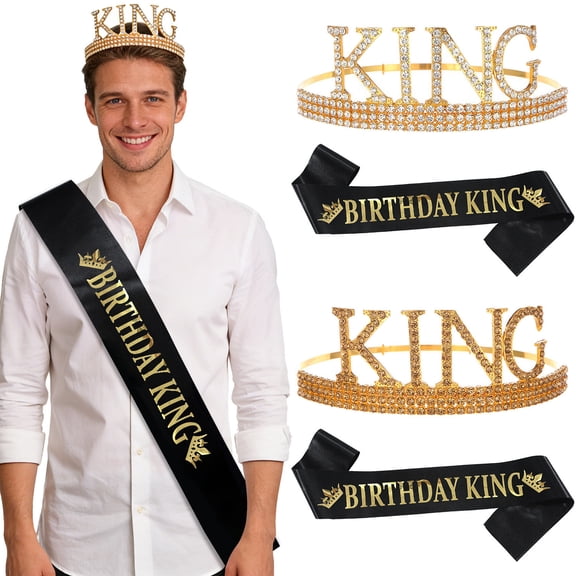 Birthday Party Accessory Set with Glitter Crown Hat and Satin Birthday Boy/Girl Sash for Kids or Adults
