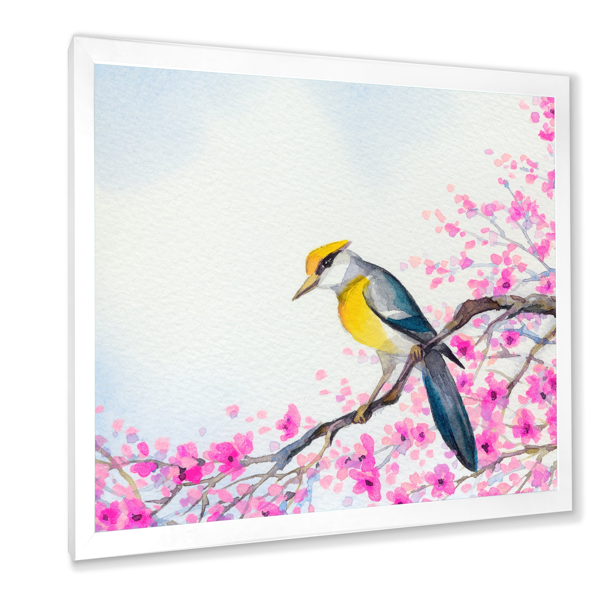 Beautiful Bird Sitting On Flowering Branch 16 in x 16 in Framed Painting Canvas Art Print, by Designart