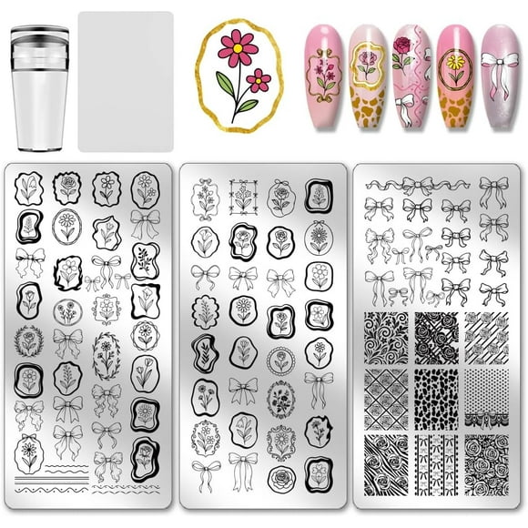 Juego de 3 placas para estampar uñas con lazos, flores y motivos de rosas, margaritas y plantas. Incluye marcos geométricos y plantillas para manicura.