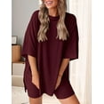 thumbnail image 6 of Women'S Two Piece Lounge Set 2025 Summer Casual Oversized Shirts Biker Shorts Deep Wine Red M, 6 of 8