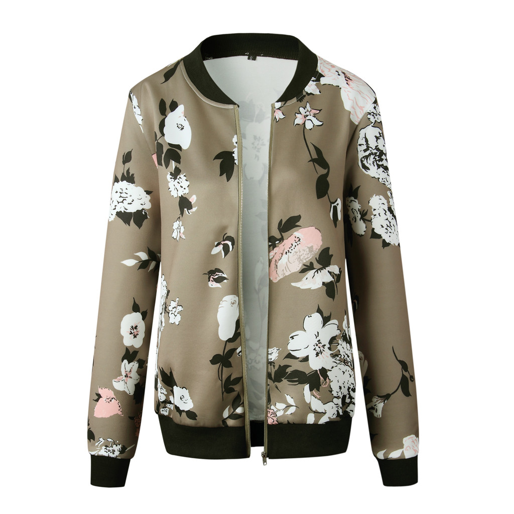 wendunide coats for women Womens Ladies Retro Floral Zipper Up Jacket Casual Coat Outwear Womens Fleece Jackets Army Green S - image 4 of 8