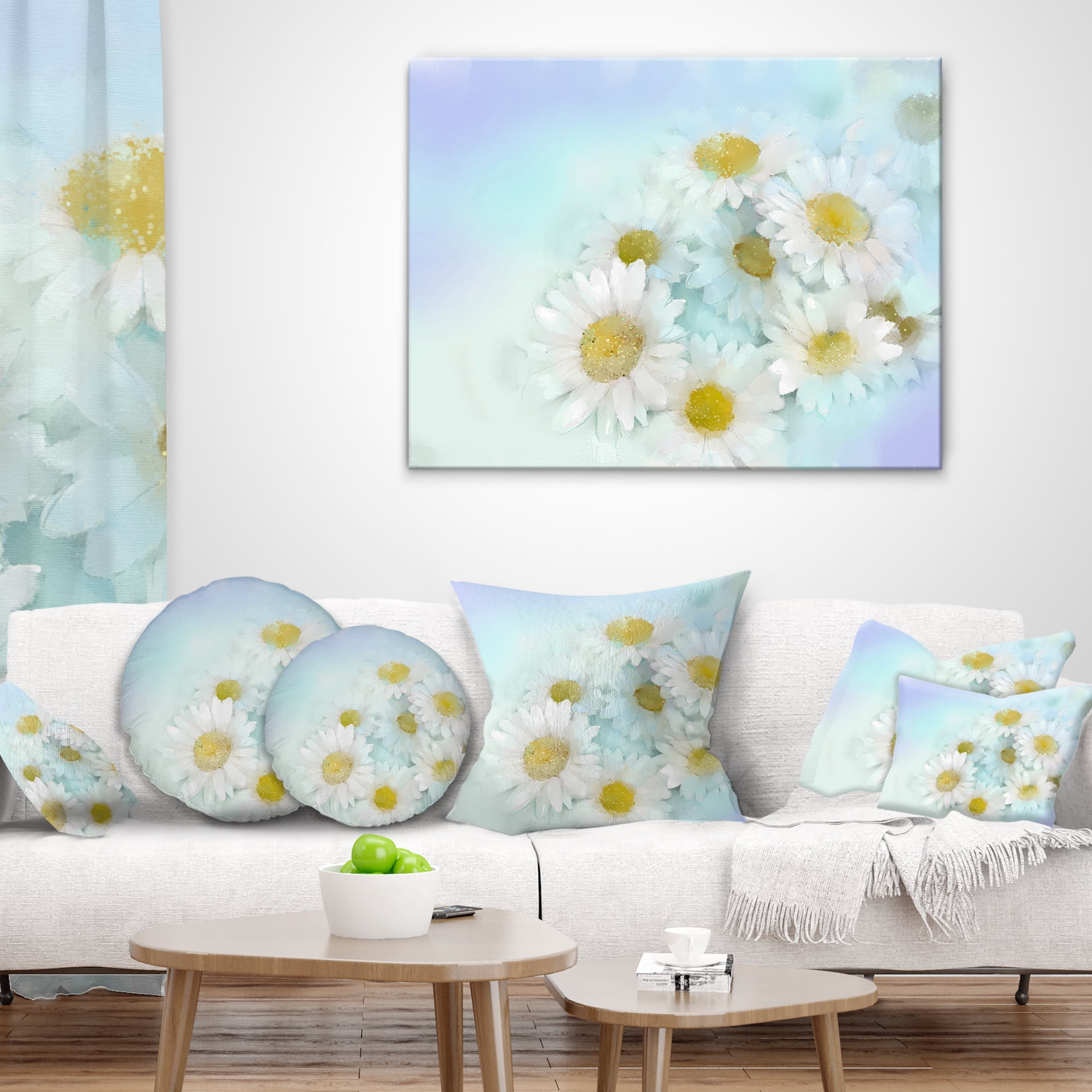 Designart White Gerbera Flowers on Light Blue - Floral Throw Pillow - 16x16