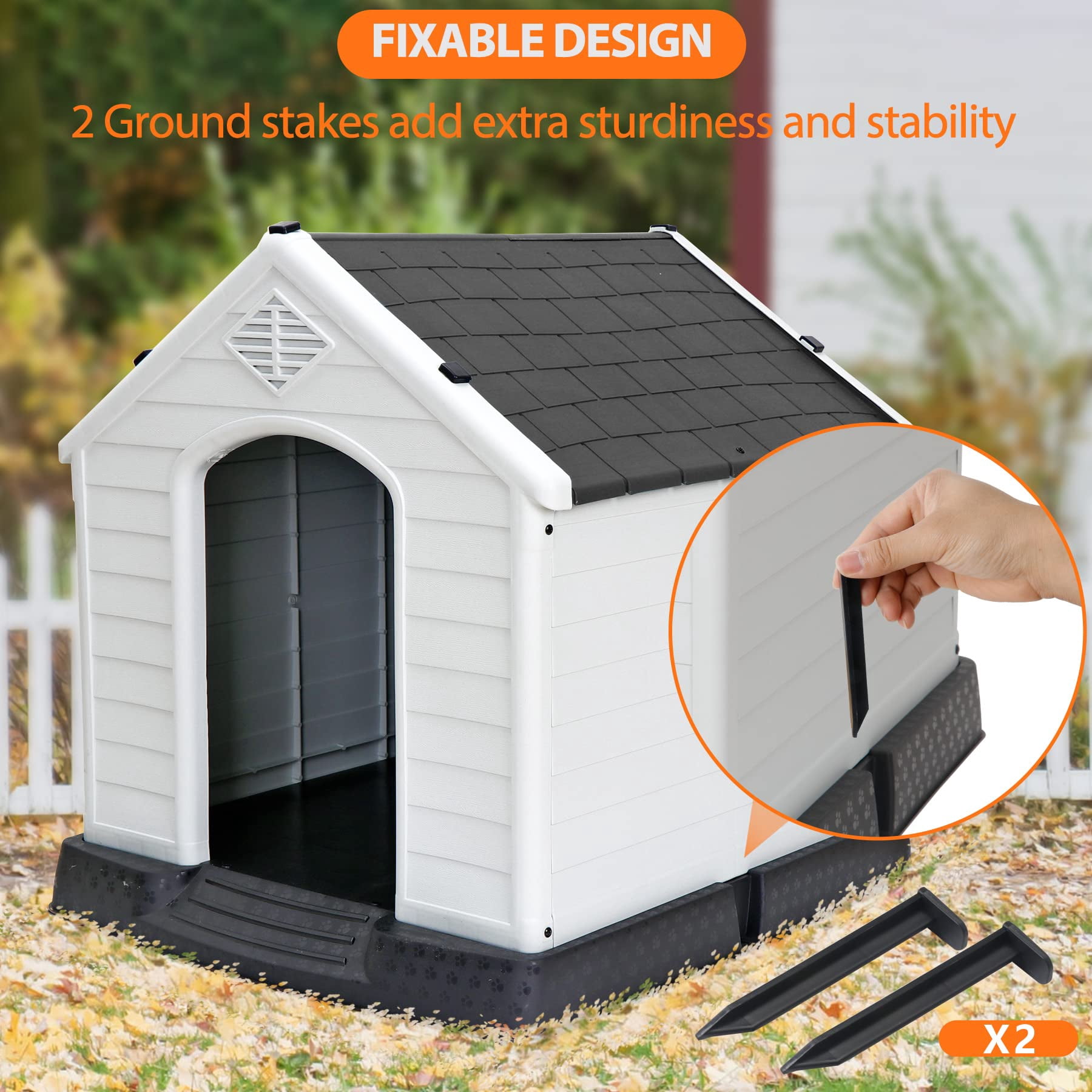Large Dog House Indoor Outdoor Durable Plastic Kennel with Insulated Walls Air Vents Elevated Floor for Medium Big Dogs, Grey