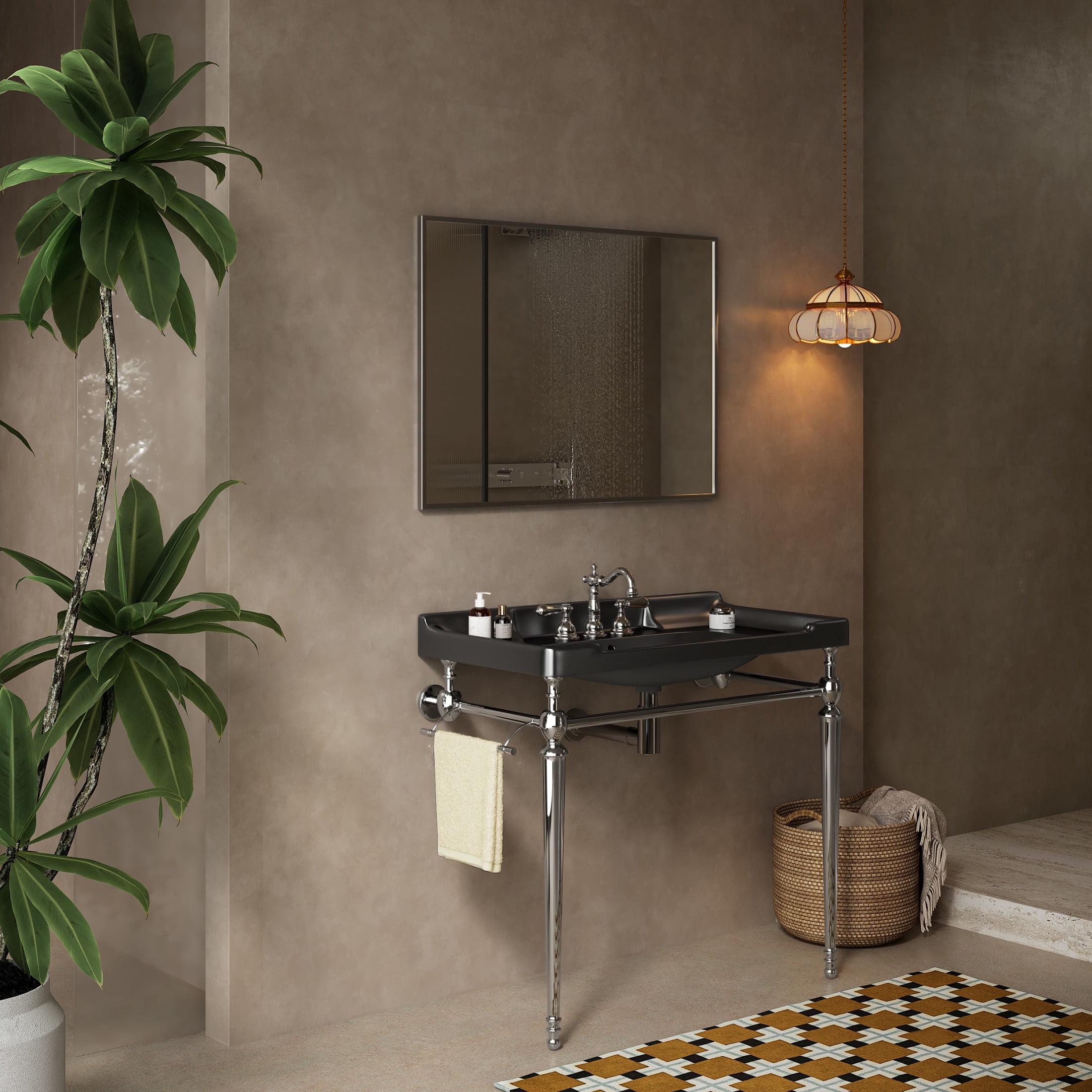 Noble House VICI 36" Bathroom Console Sink, Wall-Mounted Ceramic Basin Vanity with Stainless Steel Legs, Black & Chrome