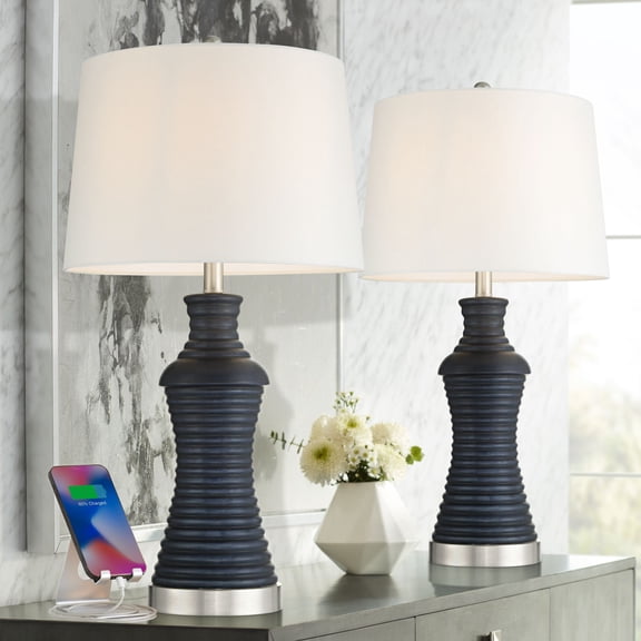 360 Lighting Maxwell 27 1/5" High Blue Rippled Ceramic USB Table Lamp Set of 2