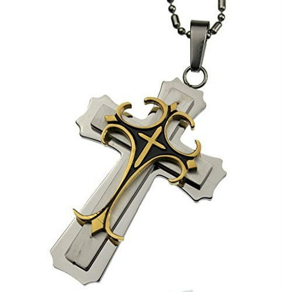 R.H. Jewelry Stainless Steel Men's Cross Pendant, Three Layer Cross Necklace