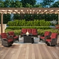 thumbnail image 2 of POCASSY 6 Pieces Wicker Patio Furniture Set with Propane Fire Pit Table, All Weather Wicker Patio Set with Square Fire Pit Table and Swivel Patio Chair, Brown Wicker Red Cushion, 2 of 14