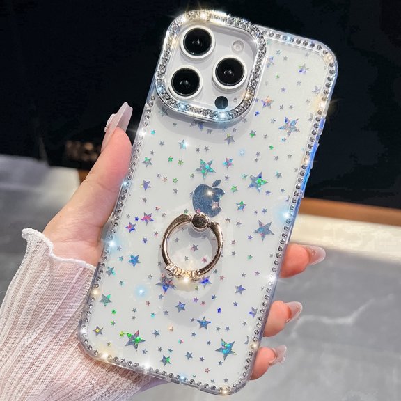 Allytechgroup Bling Sparkly Diamond Rhinestones Slim Protective Back Cover Cell Phone Case with Ring Holder for Apple iPhone 15, Other