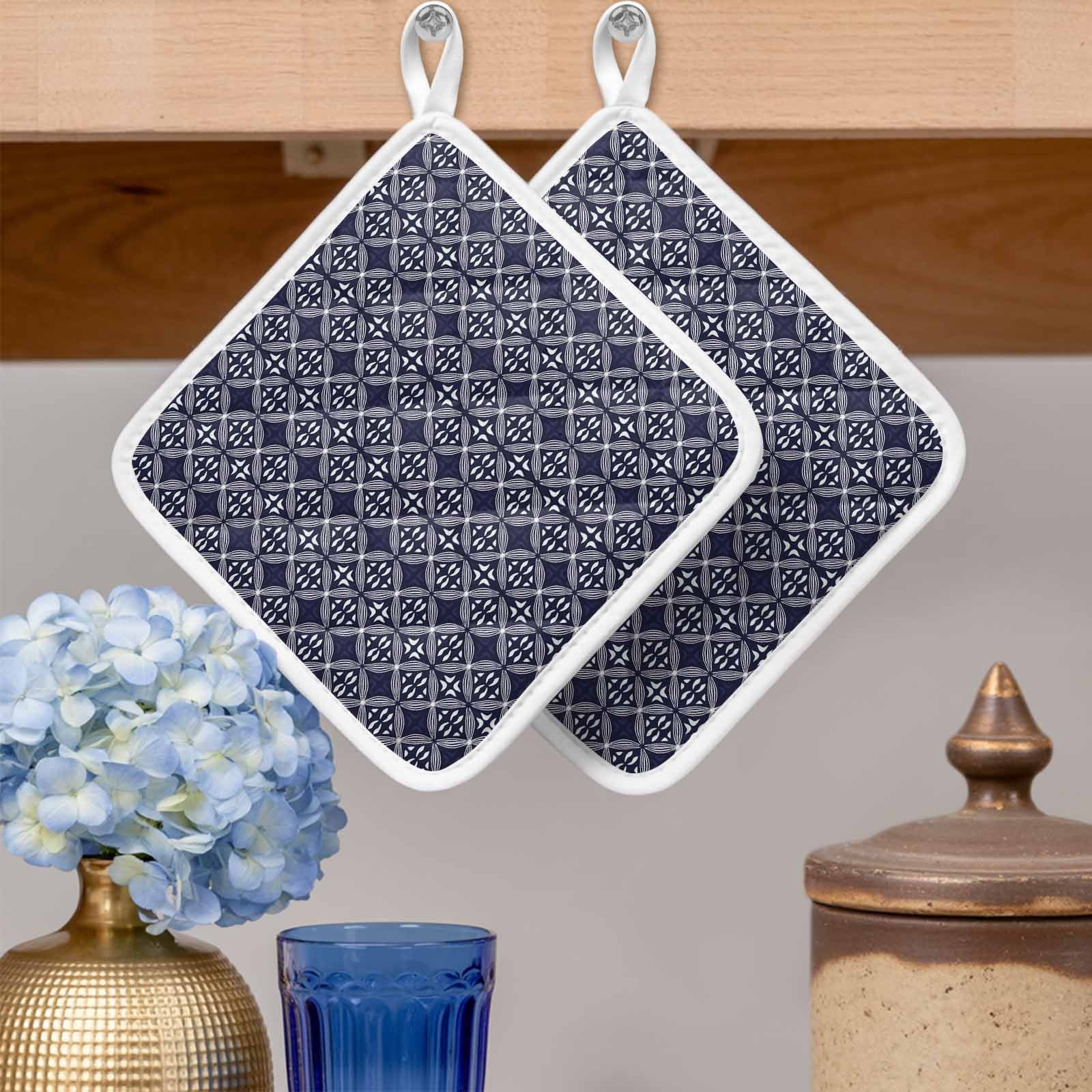 Blue Geometric Abstract Pot Holders for Kitchen Heatproof Potholder, 3 Pack Contemporary Modern Art White Hot Pads Multipurpose Oven Pads Cloth Potholders Trivet for Cooking Baking