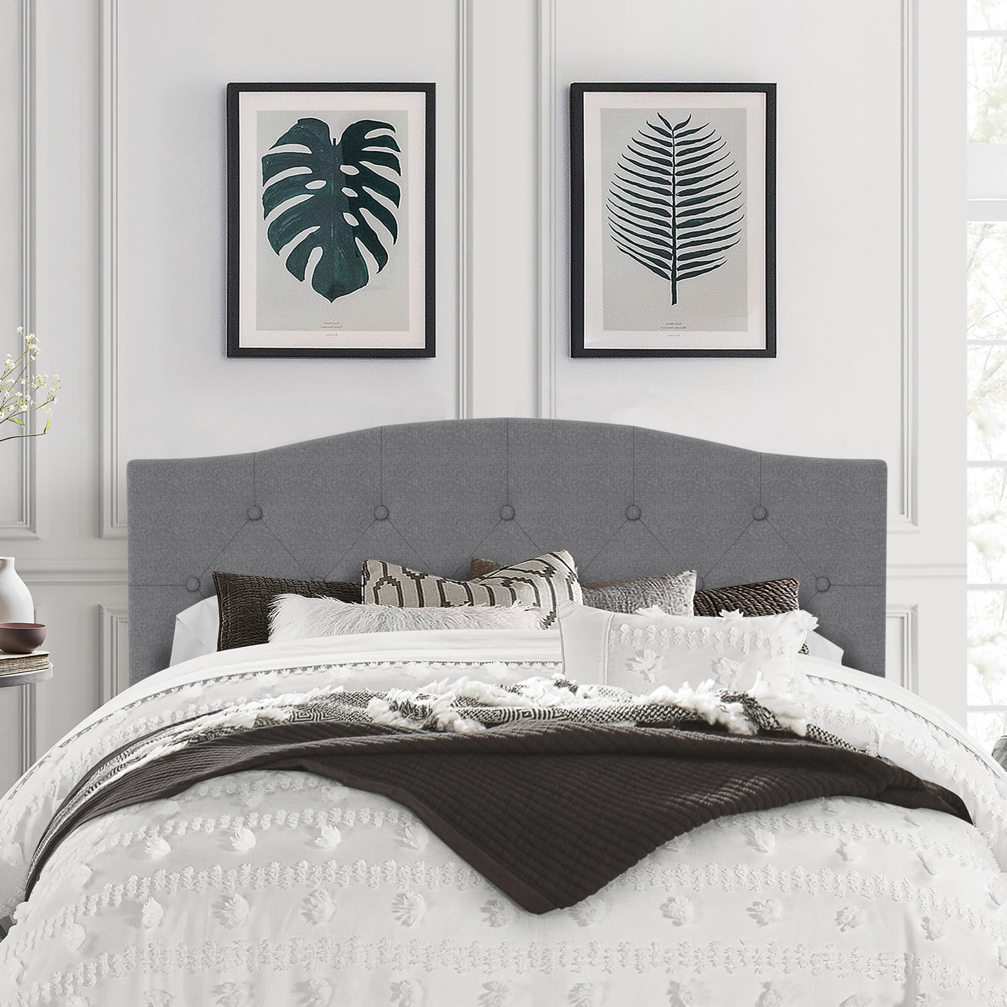 Living Essentials by Hillsdale Provence Upholstered Arch Adjustable Tufted Full/Queen Headboard, Glacier Gray