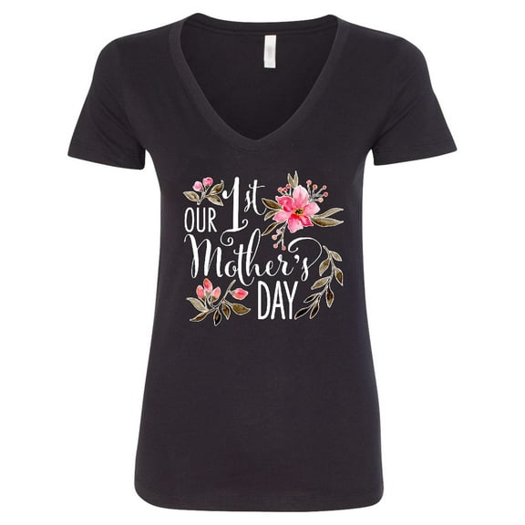 Inktastic Our First Mother's Day Pink Flowers Women's V-Neck T-Shirt