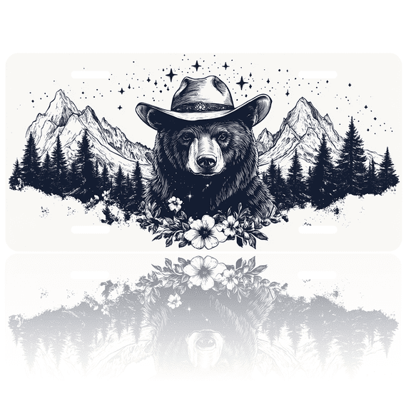 1 Pcs 2D Flat License Plate Covers & Frames, Bear wearing cowboy hat For Decorative Front, Waterproof For Decoration Aluminum License Plate Covers & Frames Cover For Men Women, 12" X 6"