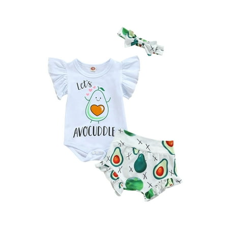 

Binpure Baby Avocado Print Clothes Set Flying Sleeve Romper+Shorts+Headband