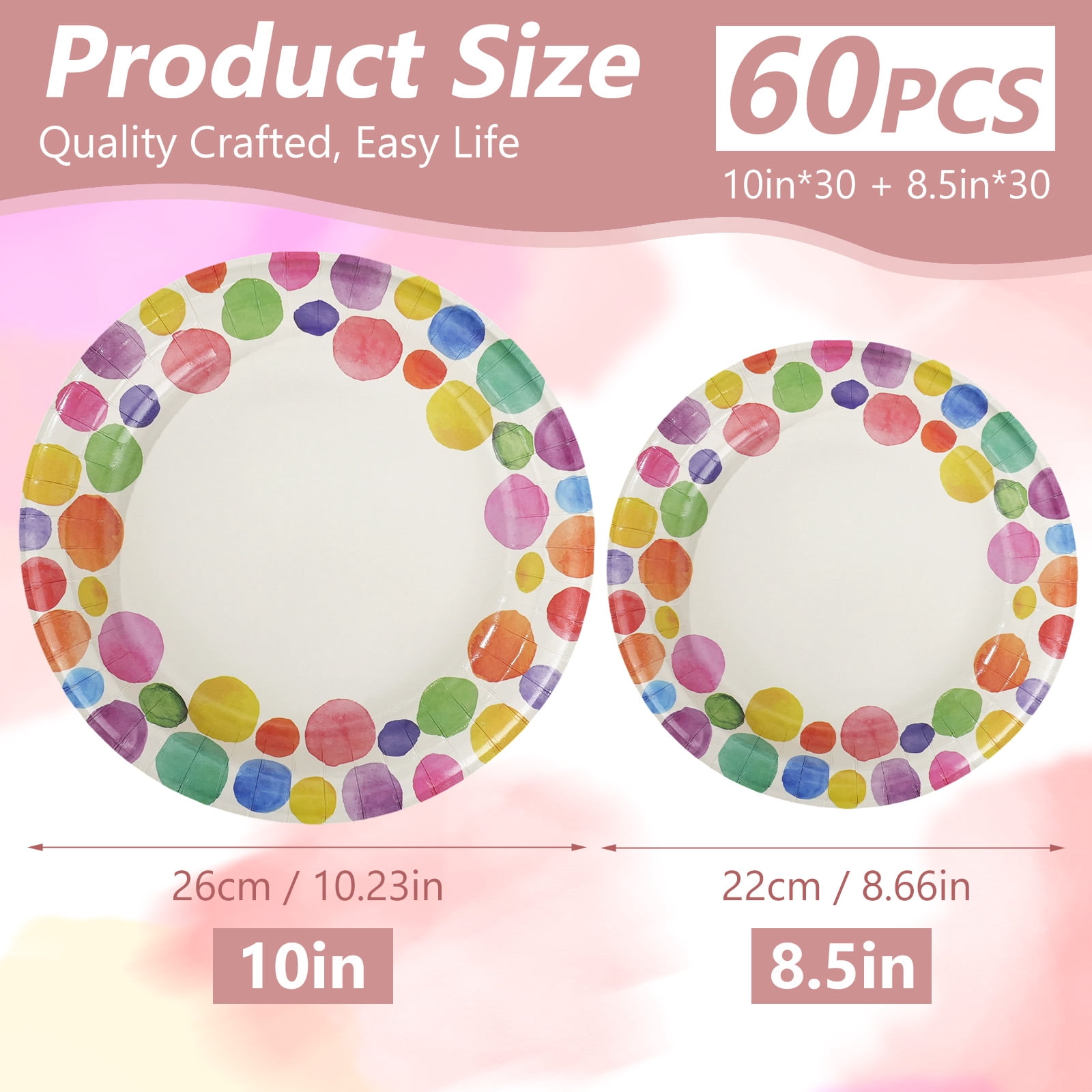 60 Pcs Paper Plates Sets Disposable, 30 Pcs 8.5inch Plates and 30 Pcs 10inch Plates, Compostable Round Multi Color Plates for Party, Valentine's Day, Microwaveable Plates for Dinner and Everyday Use