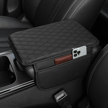 HBK Car Center Console Cover Leather Armrest Cover Cushion with 2 Storage Bags Universal Car Armrest Seat Box Pad Car Interior Accessories Protector for Most Vehicle, Black