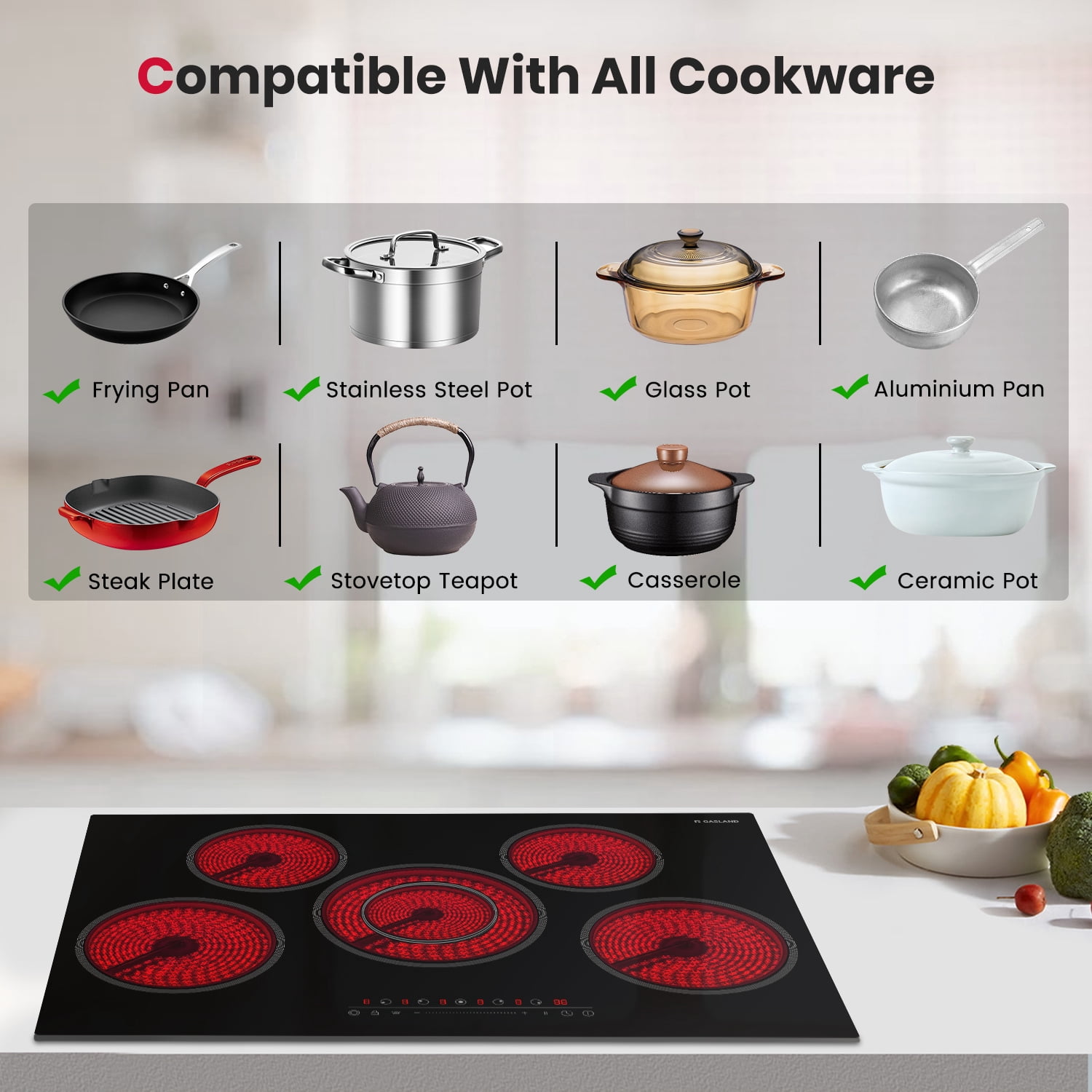 GASKAND 30-inch 5 Burners Smooth Sensor Touch Radiant Electric Cooktop, 5 Elements