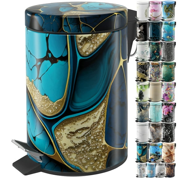 Sanilo Trash Can 1.3 Gallon with Soft Close, Many New Cosmetic and Kitchen Waste Bins Available, Bathroom Bin with Inner Bucket (Marble Cobalt)
