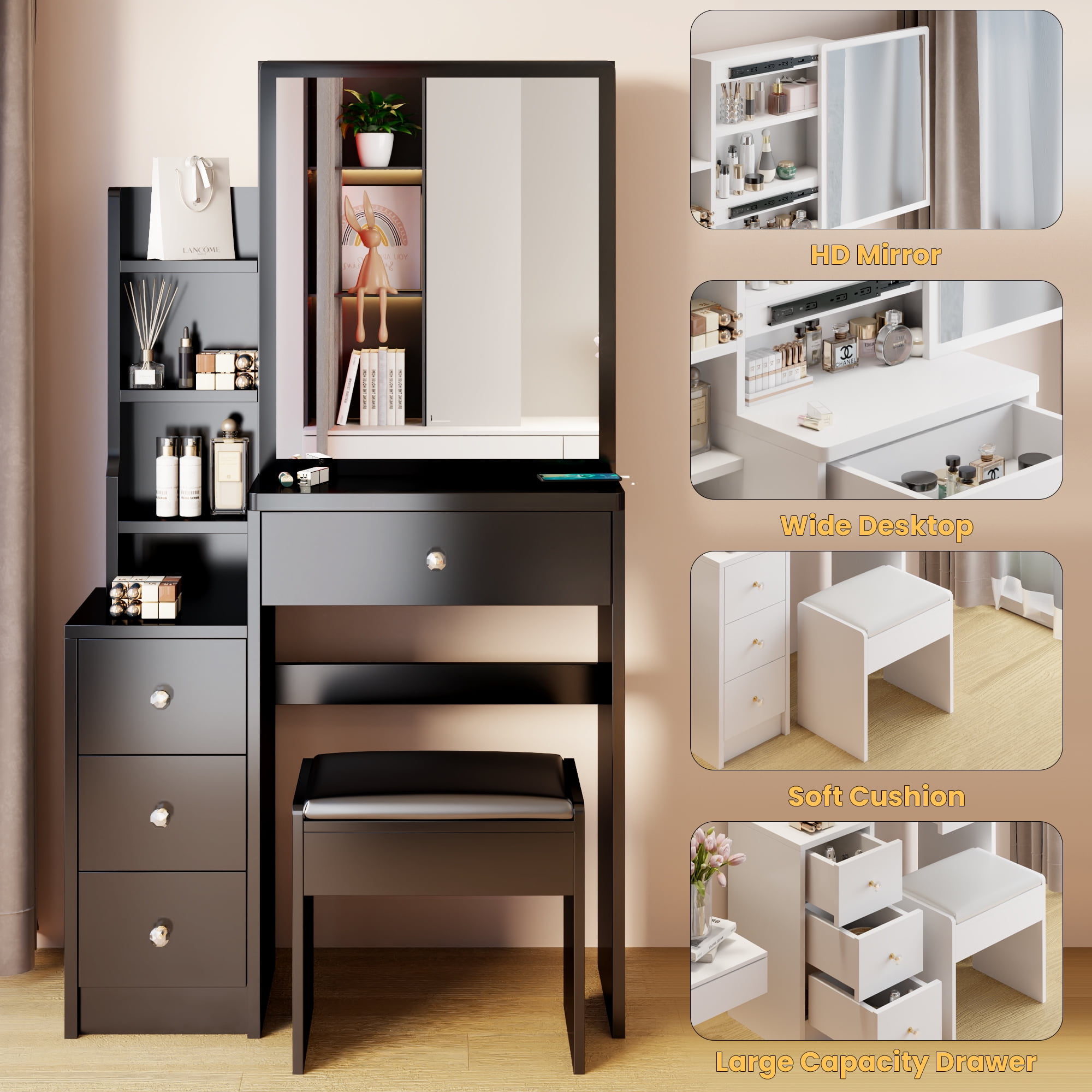 Aukfa Girls Functional Soft-Close Drawer Mirror Table Set Black-A
