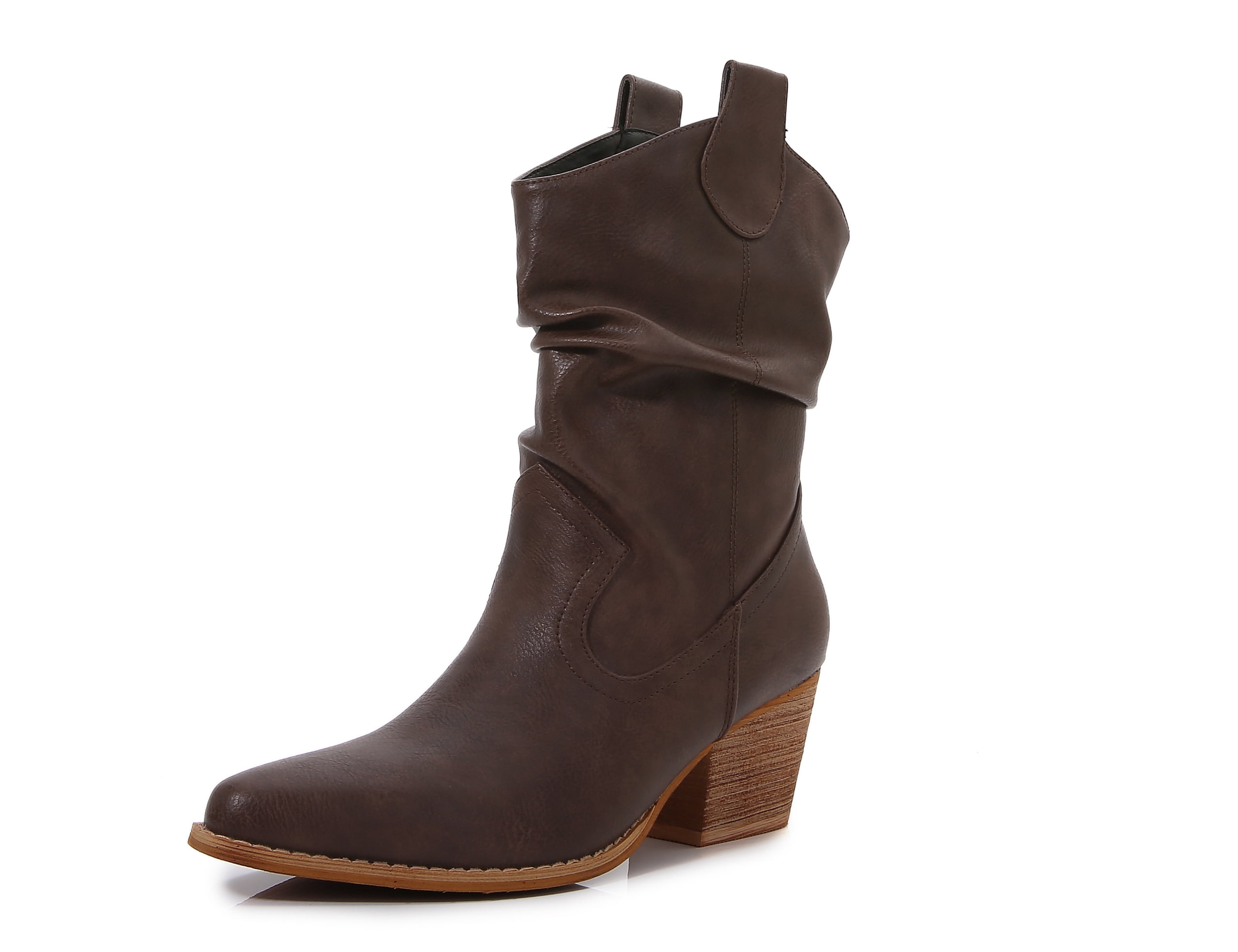 Premium PU Leather Wooden Heel Long Chelsea Boots (Brown, 7)