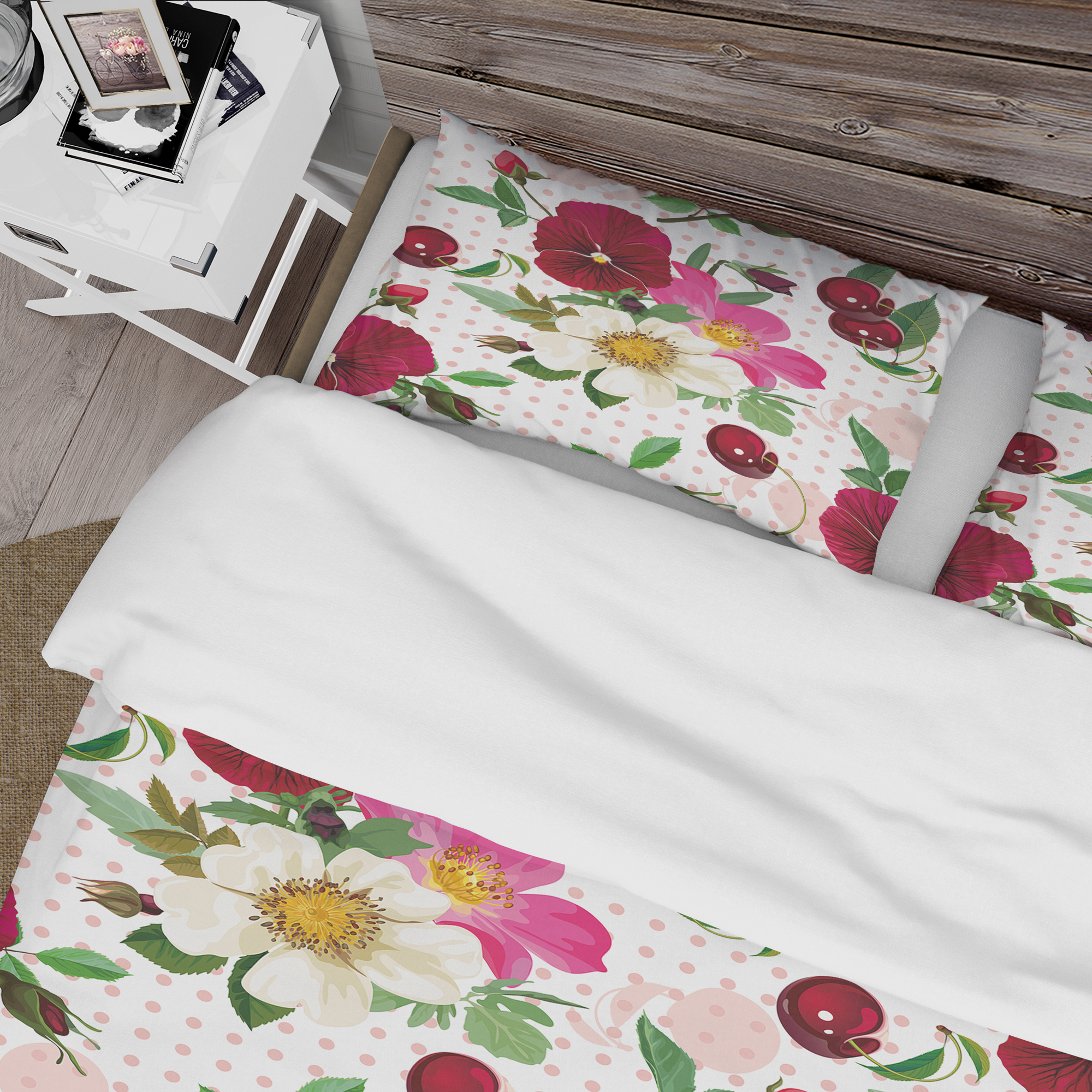 Designart 'Pansies, Cherries and Roses on Pink Dotted Background' Abstract Duvet Cover Set