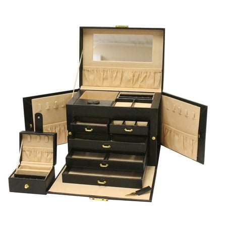 - Luxurious Large Black Leather Jewelry Box Travel Case Storage with Mirror & Lock