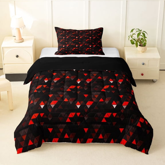 Manfei 3D Triangle Twin Comforter Sets, Geometric Black Red Bedding Set, Black Reversible 2pcs, 1 Comforter and 1 Pillowcase