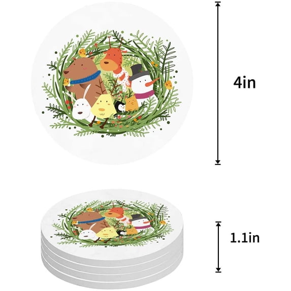 FMSHPON Merry Christmas Set of 4 Round Coaster for Drinks, Absorbent Ceramic Stone Coasters Cup Mat with Cork Base for Home Kitchen Room Coffee Table Bar Decor