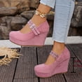 thumbnail image 2 of Willtoo Women’s Double Buckle Mary Jane Wedge Pumps, Faux Suede Platform Closed Toe High Heel Shoes, Party Dress Casual Heels, 2 of 5