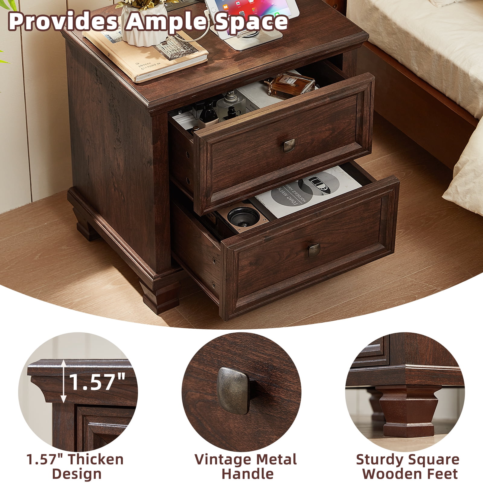 Buildhom Farmhouse Nightstand with Charging Station, 2-Drawer Rustic End Table with Solid Wood Legs for Bedroom, Walnut