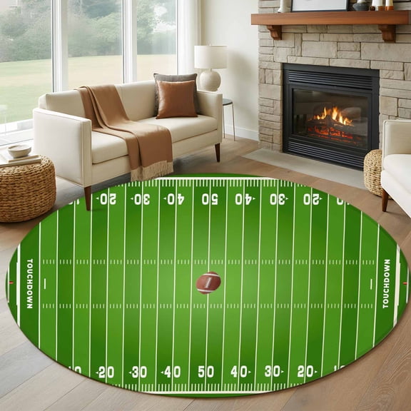 Rugby Sport Large Round Rug 8 FT, Non Slip Living Room Area Carpet, American Football Field Stadium Washable Soft Circle Rug Non-Shedding Floor Carpet for Bedroom Office Dining Room