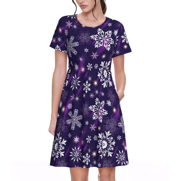 Balery Christmas Purple Snowflakes Vestidos sueltos de manga corta para mujer, vestidos de verano 2025, vestidos casuales de corte A con vuelo.