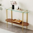 thumbnail image 1 of Rectangle Coffee Table Mid-Century Modern Design L W x H for Living Room - Structure Amber Glass Top and Walnut MDF Shelf Sleek Conical Metal Legs with Gold Finish, 1 of 8