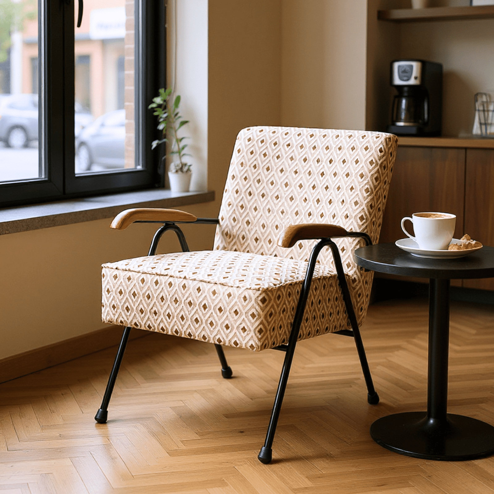 Homy Casa Accent Chair with Metal Legs and Upholstery, Living Room Reading Armchair,Beige Geometric