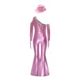 thumbnail image 4 of RUNQHUI Kids Girls Metallic Ruffle Flared Jumpsuit with Hat Set Fringed Performance Disco Dance Outfit Pink 14, 4 of 6