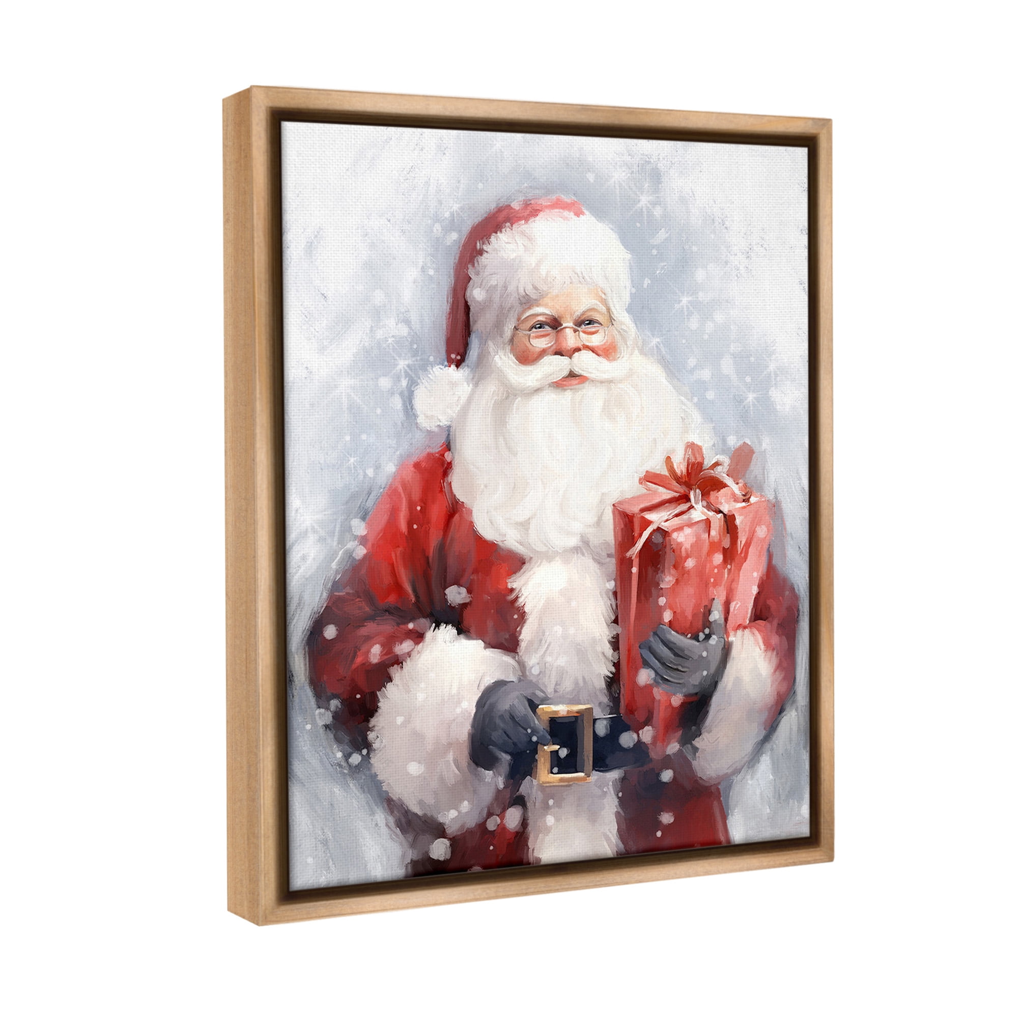Stupell Industries Santa with Red Gift Holiday Painting Brown Floater Framed Canvas Art Print Wall Art, 17 x 21