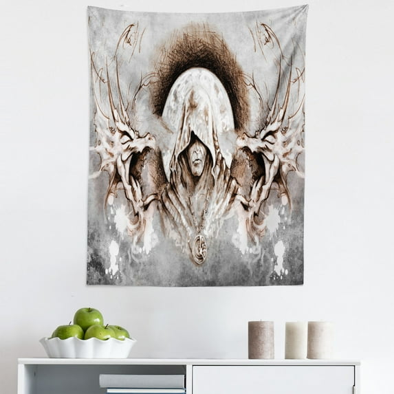 Dragon Tapestry, Monk Witch on Tree Branches Background Gothic Medieval Magic Graphic, Fabric Wall Hanging Decor for Bedroom Living Room Dorm, 5 Sizes, Grey Umber Brown, by Ambesonne