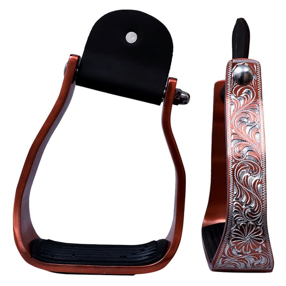 HILASON Western Aluminium Slanted Horse Stirrups Floral Engraved Red Wide Rubber Grip