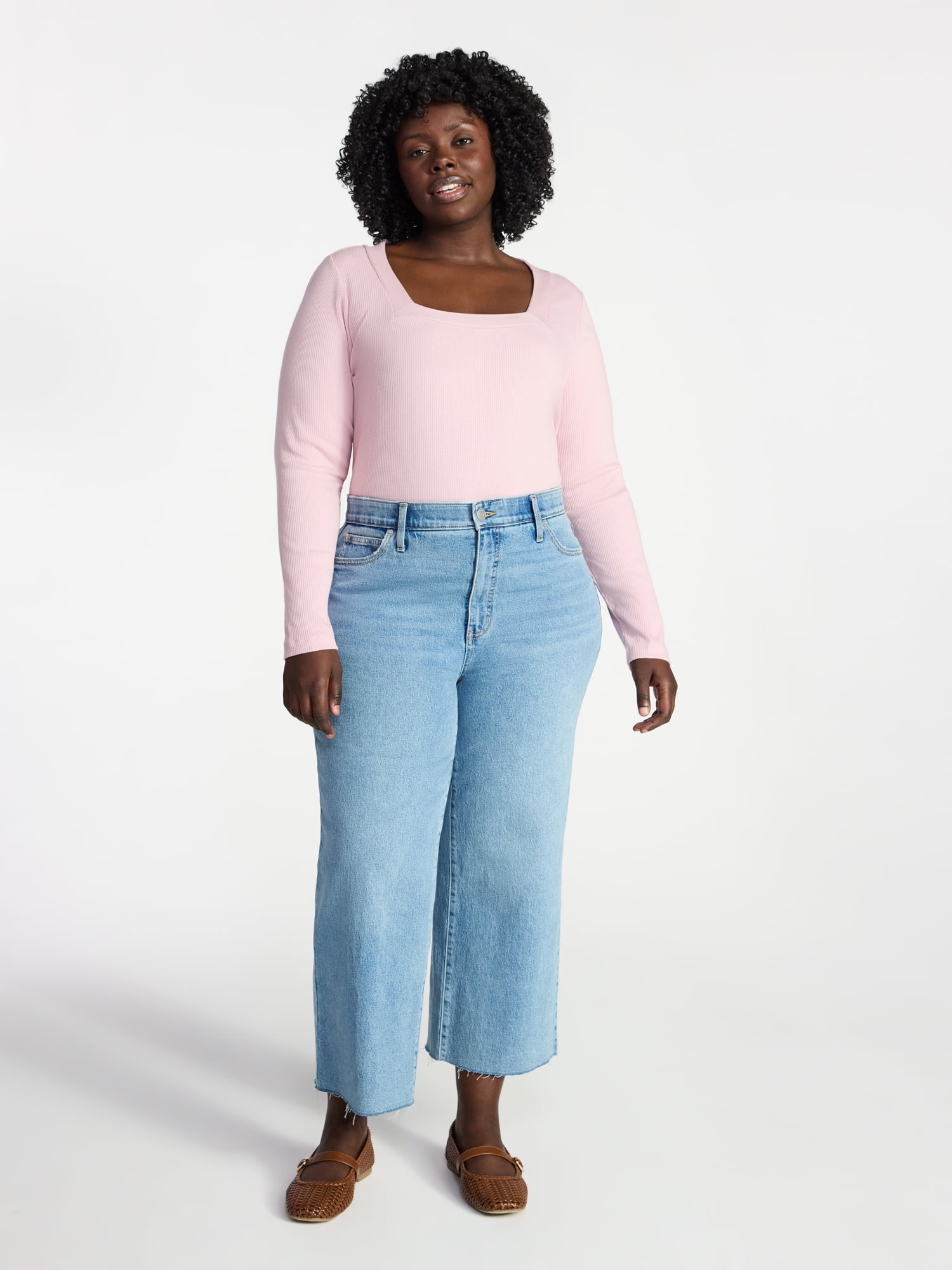 Terra & Sky Women's Plus Size Long Sleeve Square Neck Rib Top, Sizes 0X-5X