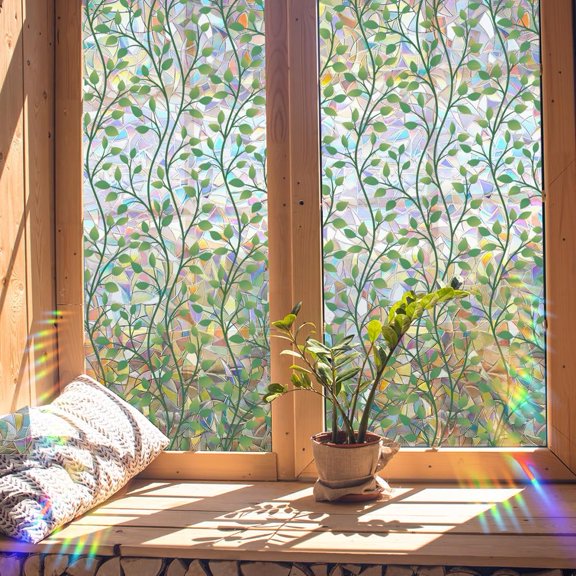 39.4x17 Inch Plant Leaves Rainbow Window Privacy Film 3D Frosted Stained Window Glass Decorative Window Cling Non-Adhesive Static UV Resistant Decals Reusable Sun Blocking Sticker for Home Green
