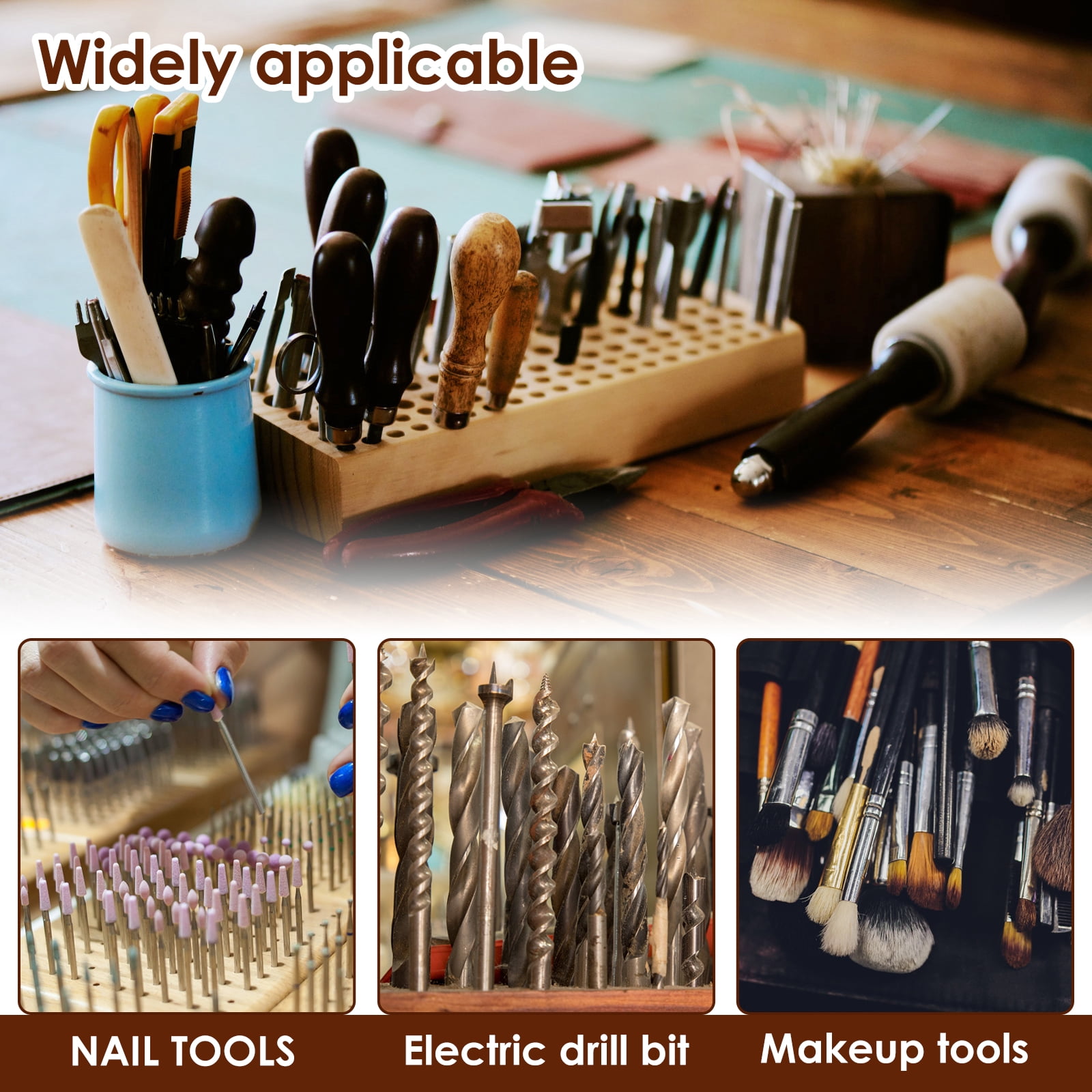 Wekvgz Wood Leather Tool Holder 98 Holes Professional Leather Craft Tool Holder with 3 Slots Large Capacity Leather Working Tool Holder for Hole Punch Leather Tools