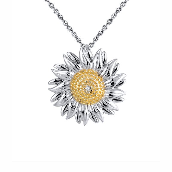 Daisy Pendant Necklace for Women Twp Tone Sterling Silver Clear Cz Ginger Lyne Collection