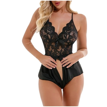 

RQYYD Clearance Lingerie for Women Lace Teddy Bodysuit Halter V Neck One Piece Lingerie Babydoll(Black S)