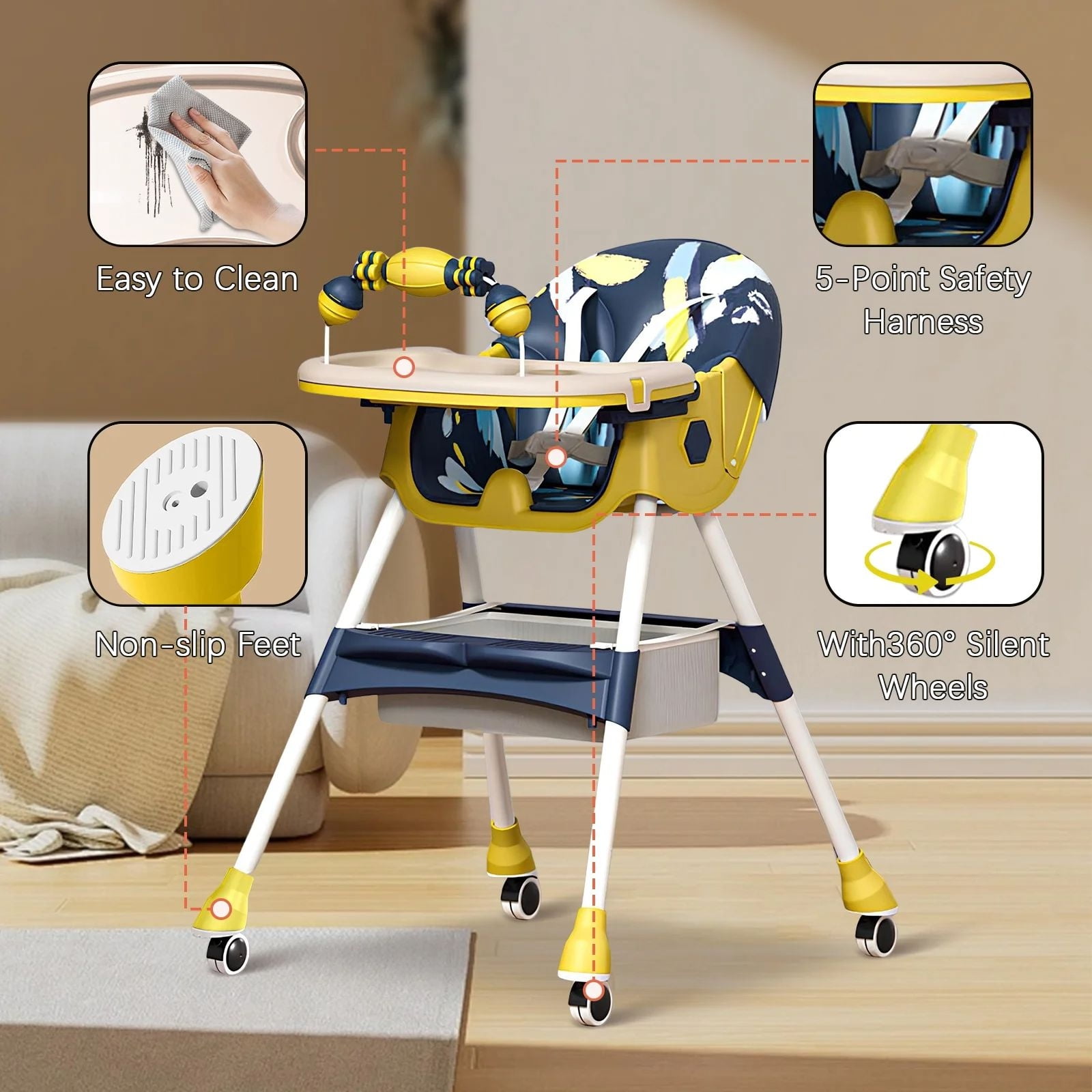 XunKA 4-in-1 Convertible High Chair for Babies and Toddlers, Baby High Chair with Double-Layer Dinner Plate and Toy Rack, for 6-36 Months, Yellow