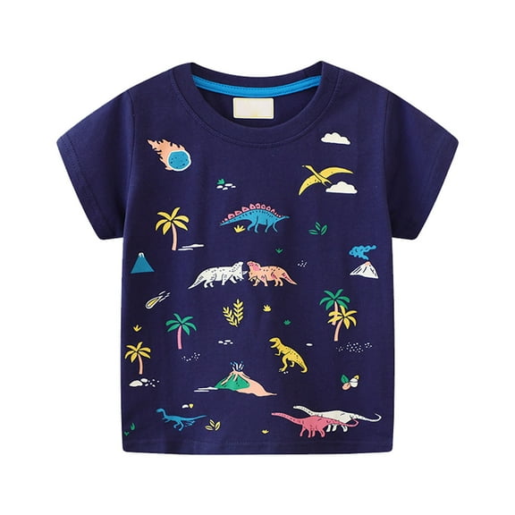 T-Shirts For Boys Kids Luminous Dinosaurs Short Sleeve T Shirts Cotton Cartoon Tops For Kids Dark Blue For 3-4 Years