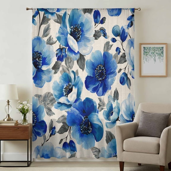 Blue Flowers Sheer Curtains 108 Inches Extra Long, Spring Floral Leaves Plants Beige Light Filering Curtains, Privacy Drapes Simi Floor to Veiling Curtain for Living Room Bedroom Window Treatment