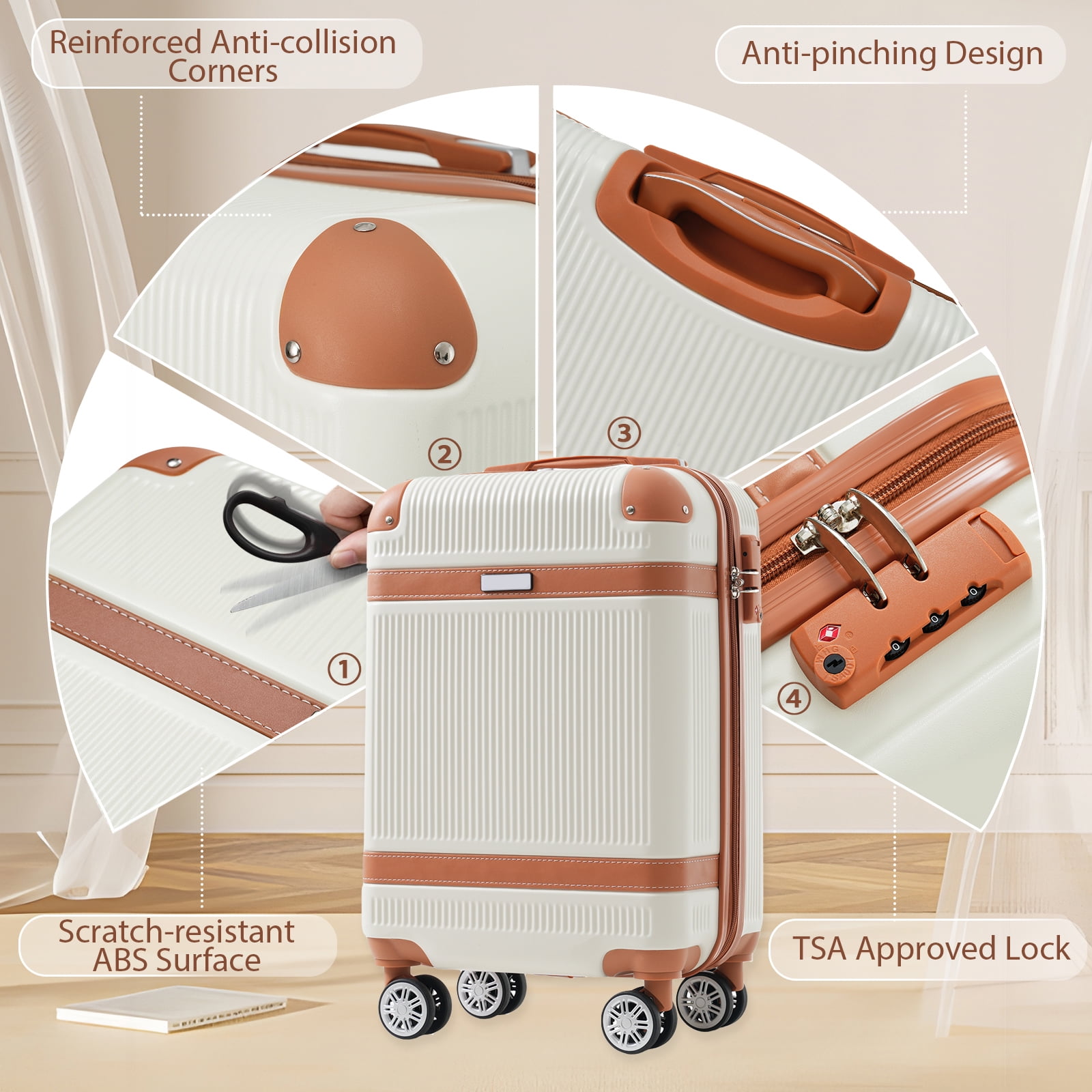 EUROCO 3 Piece Luggage Set, 20" Carry-on Suitcase with TSA Lock and Double Spinner Wheels, Hardshell Lightweight Luggage Set for Men Women,White