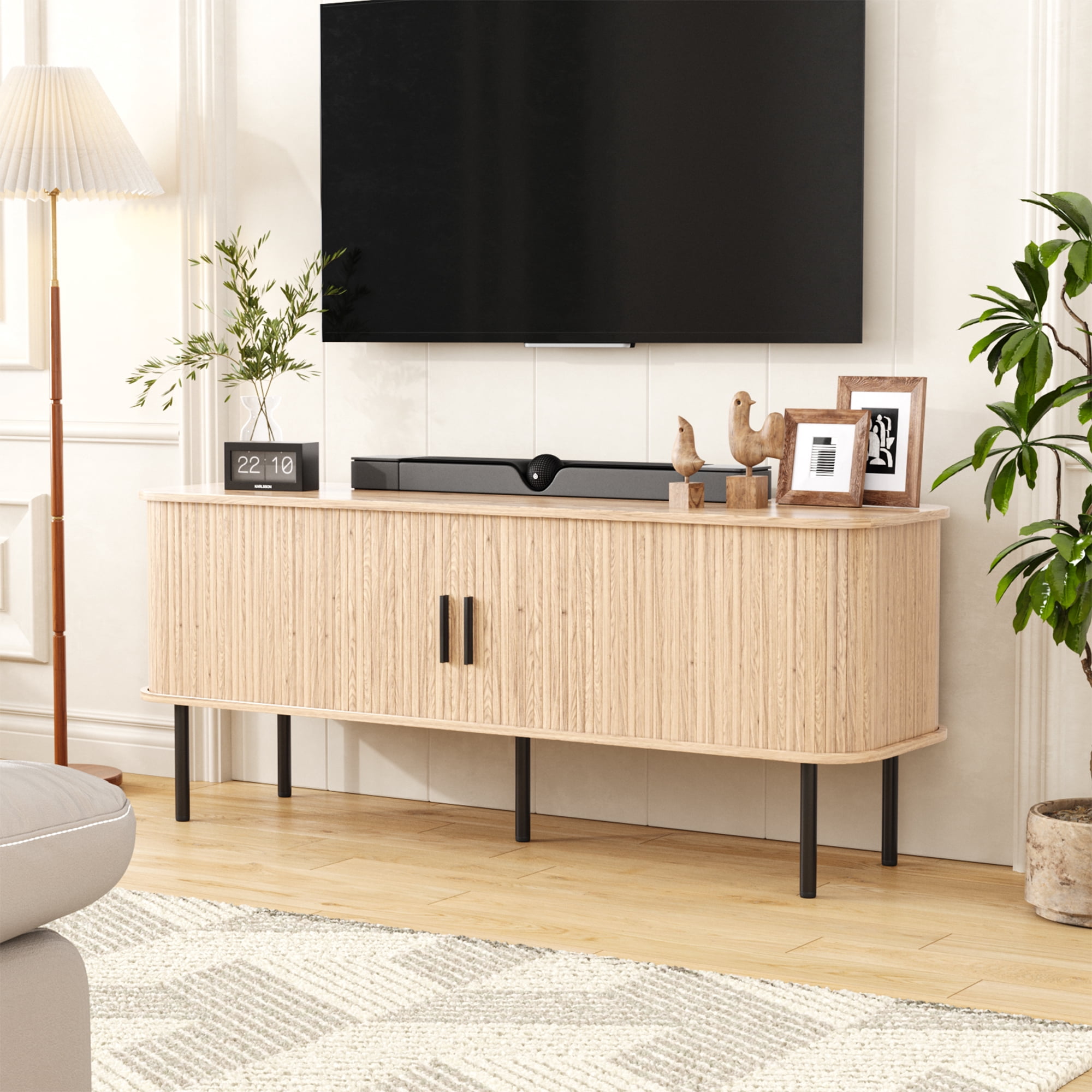 VEANERWOOD 63" TV Stand for 70" TV, Wood Entertainment Center with Storage and Shelves, 2 Sliding Tambour Doors, Mid-Century Modern,Natural